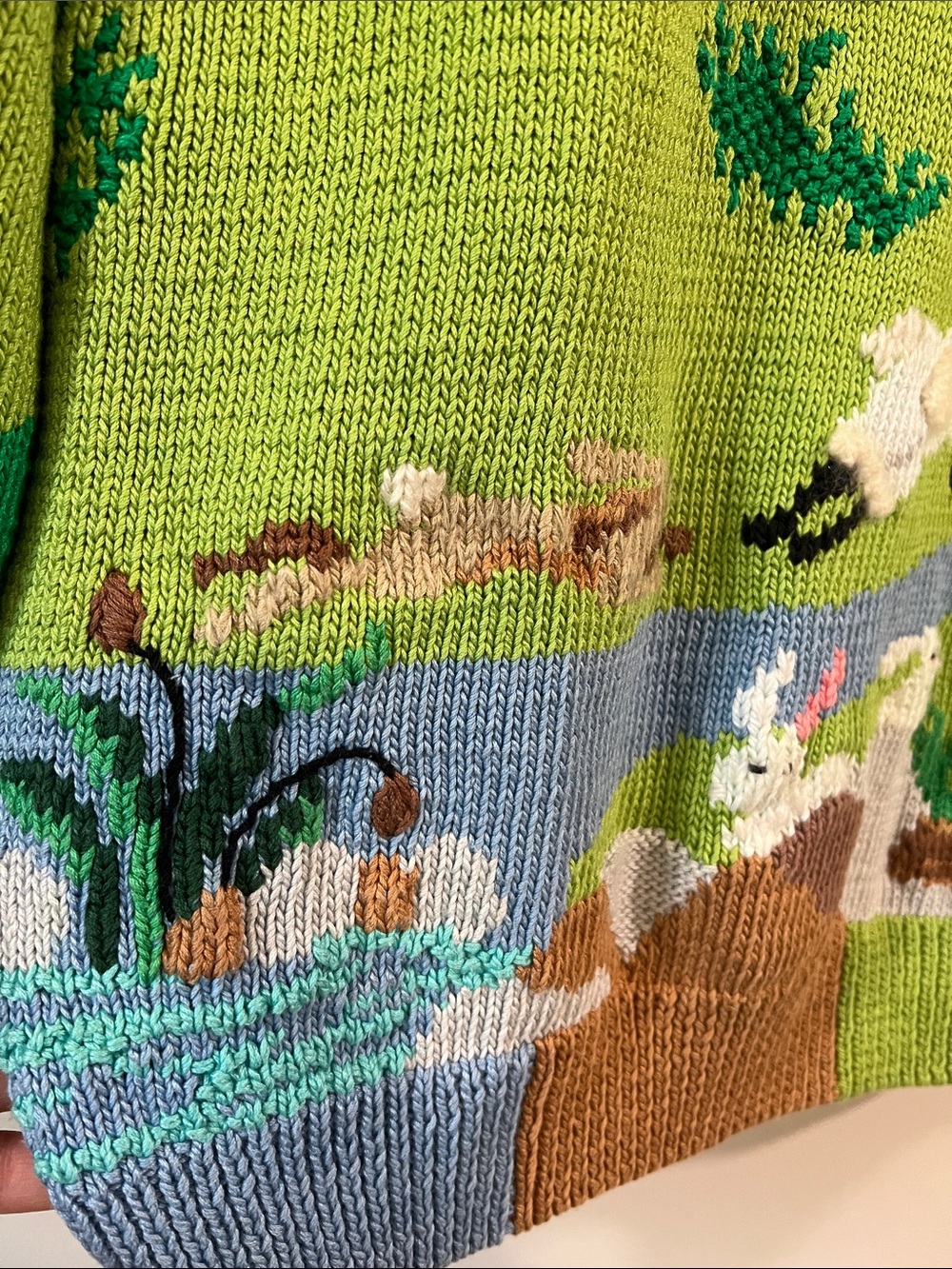 Berek - M, Hand-Knit Pastel Farm/Egg Hunt Scene Cardigan - Picture 6 of 12